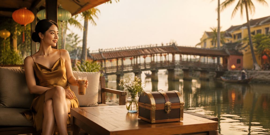 Người dùng tại Hội An ngồi quán cà phê tra kết quả xổ số và lô đề trên điện thoại